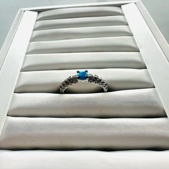 Bomb Party Silver Filigree Ring with Blue Opal Accent-Size 10 - Picture 2 of 3